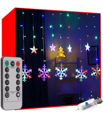 Ziemassvētku daudzkrāsains LED dekors - vītne Snowflakes and Stars 5.4m