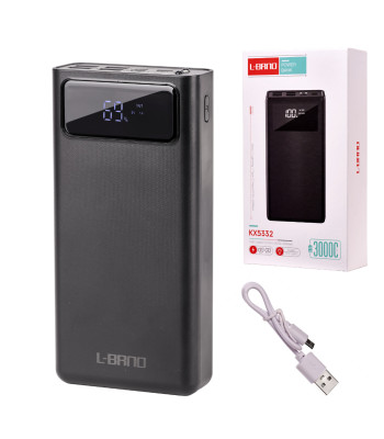 L-BRNO Power Bank 30000mAh ar LED ekrānu, melns