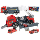 Transporteris kravas automašīna TIR 2in1 stāvvieta, ugunsdzēsēju depo + 3 automašīnas sarkanā krāsā