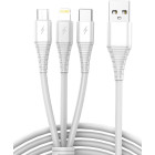USB 3in1 micro USB, USB-C, Lightning kabelis 1 m, balts