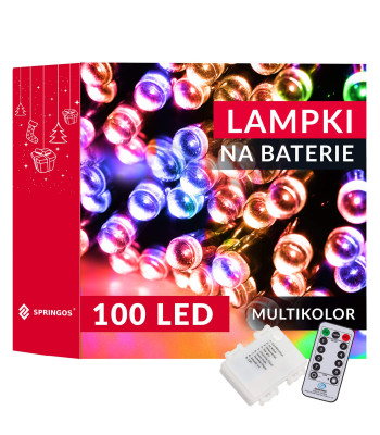 100 LED ar baterijām darbināmas daudzkrāsainas eglīšu lampiņas ar tālvadības pulti Springos CL4036