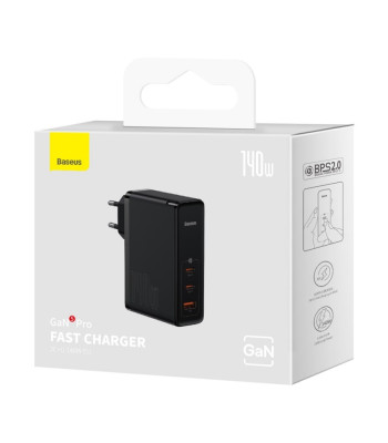 Baseus sienas lādētājs GaN5 Pro PD 140W 2x USB-C 1x USB melns + USB-C - USB-C 240W kabelis