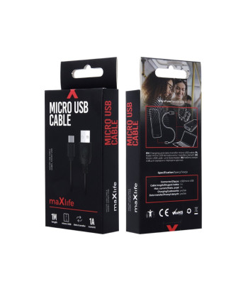 Maxlife kabelis USB - microUSB 1,0 m 1A melns