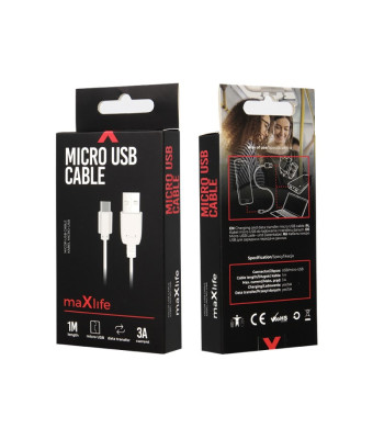 Maxlife kabelis USB - microUSB 1,0 m 3A balts