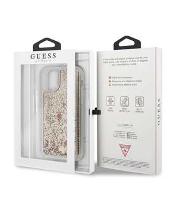 Guess maciņš iPhone 11 Pro GUHCN58GLHREGO zelta cietais korpuss Liquid Glitter Hearts