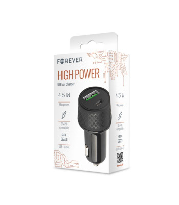 Forever auto lādētājs 1xUSB 2.4A + 1xUSB-C PD 45W LA-04 melns