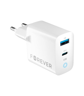 Forever TC-06-45AC GaN PD QC lādētājs 1x USB-C 1x USB 45W balts