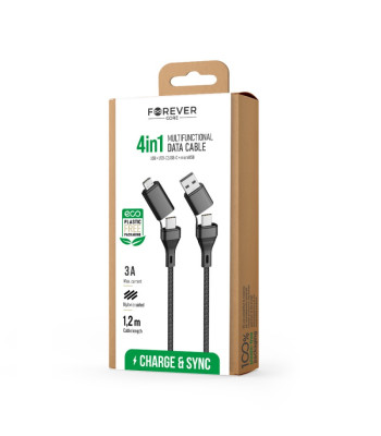 Forever CORE 4in1 kabelis USB + USB-C - USB-C + microUSB 1,2 m 3A melns