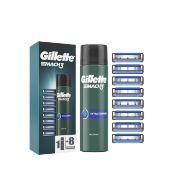 Rezerves galviņas "Gillette Mach3" 8 gab. + "Extra Comfort" skūšanās želeja (skūšanās želeja) 200 ml