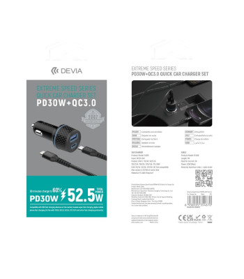 Devia auto lādētājs Extreme PD QC 1x USB-C 1x USB 52.5W melns + USB-C - Lightning kabelis