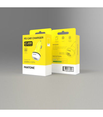 PANTONE auto lādētājs 38W PD QC 1x USB 1x USB-C PT-PDDC05 Yellow 102C