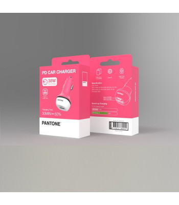 PANTONE auto lādētājs 38W PD QC 1x USB 1x USB-C PT-PDDC05 Pink 184C