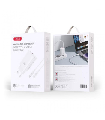 XO sienas lādētājs CE17 PD 65W 1x USB-C 1x USB balts + kabelis USB-C - USB-C