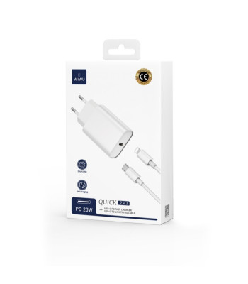 WIWU sienas lādētājs Wi-U001 PD 20W 1x USB-C melns + kabelis USB-C - Lightning