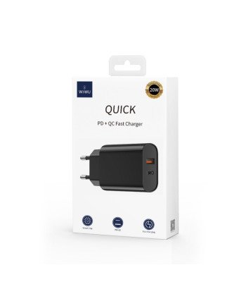 WIWU sienas lādētājs Wi-U002 PD + QC 20W 1x USB 1x USB-C melns