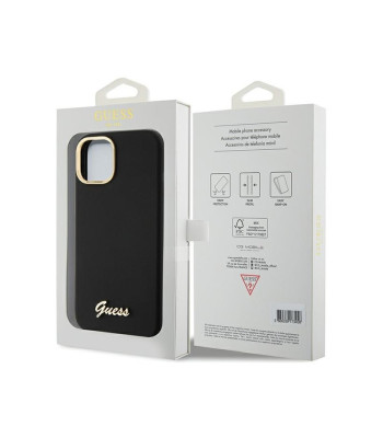 Guess maciņš priekš iPhone 15 6.1 GUHCP15SSMBSLK melns HC SILICONE SCRIPT METAL LOGO - RĀMS