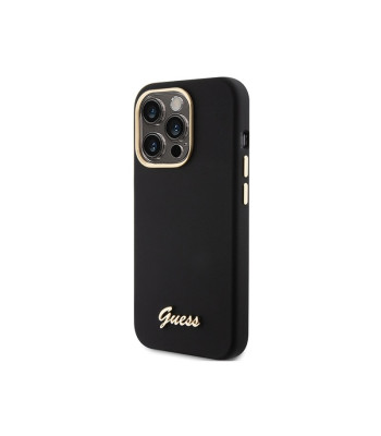 Guess maciņš priekš iPhone 15 Pro Max 6,7 GUHCP15XSMBSLK melns HC SILICONE SCRIPT METAL LOGO - RĀMS