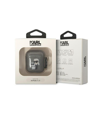 Karl Lagerfeld maciņš Airpods 1/2 KLA2HNKCTGK vāciņš melns Glitter Karl-Choupette