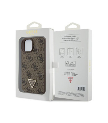 Guess maciņš iPhone 15 6.1 GUHCP15SP4TDPW brūns cietais korpuss Āda 4G Triangle Strass