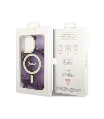 Guess maciņš iPhone 14 Pro 6.1 GUHMP14LHTMRSU violetajam cietajam maciņam Golden Marble MagSafe