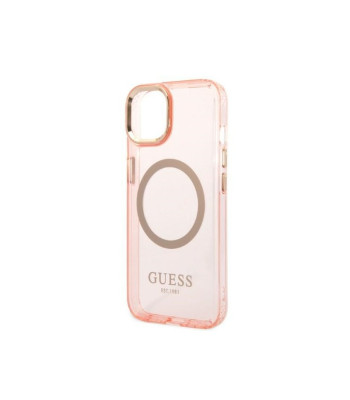 Guess maciņš iPhone 14 Plus 6.7 GUHMP14MHTCMP rozā cietajam korpusam Gold Outline Translucent MagSafe