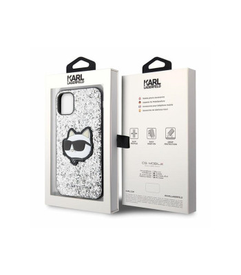 Karl Lagerfeld futrālis iPhone 11 / XR KLHCN61G2CPS sudraba cietais korpuss Glitter Choupette Patch