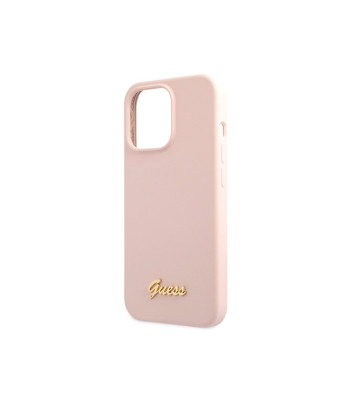 Guess maciņš iPhone 13 Pro Max 6,7 GUHCP13XLSLMGLP rozā cietajam korpusam Liquid Silicone Script Gold Metal Logo