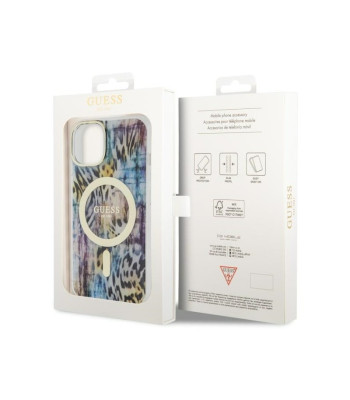 Guess maciņš iPhone 14 6.1 GUHMP14SHLEOPWB zilā cietā korpusā Leopard MagSafe