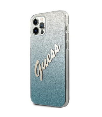 Guess futrālis iPhone 12 / 12 Pro 6.1 GUHCP12MPCUGLSBL zils cietais korpuss Glitter Gradient Script