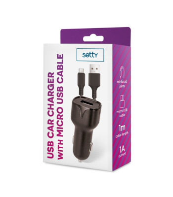 Setty auto lādētājs 1x USB 1A melns + microUSB vads 1.0 m JAUNS