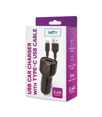 Setty auto lādētājs 1x USB 2.4A melns + USB-C kabelis 1.0 m