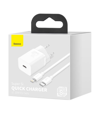 Baseus sienas lādētājs Super Si PD 20W 1x USB-C baltā krāsā + USB-C - Lightning kabelis