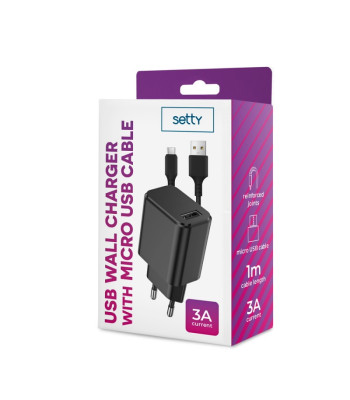 Setty lādētājs 1x USB 3A melns + microUSB kabelis 1,0 m