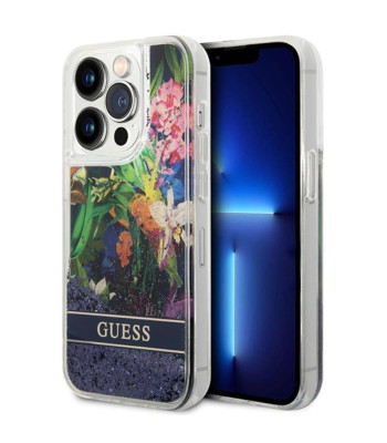 Guess futrālis iPhone 14 Pro Max 6,7 GUHCP14XLFLSB zils cietais korpuss Flower Liquid Glitter